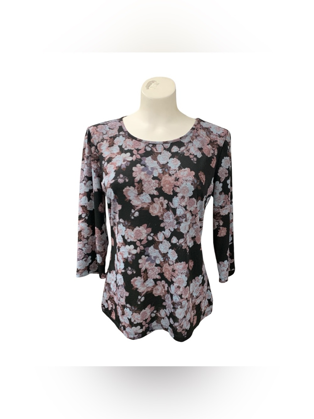 Haggar Black Floral Scoop Neck 3/4 Sleeve Top Size S